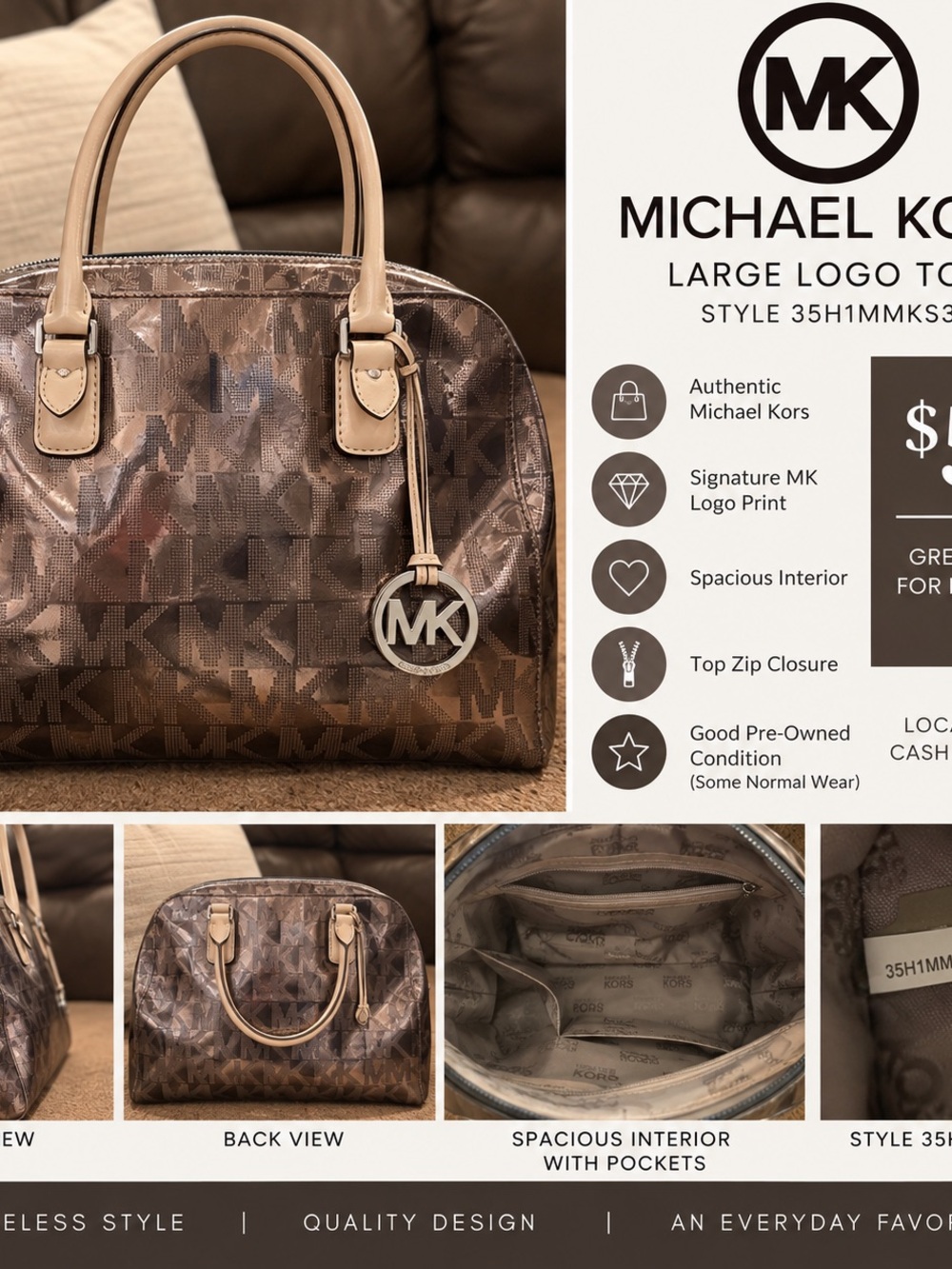 Michael Kors Brown Tan Monogram Dome Satchel